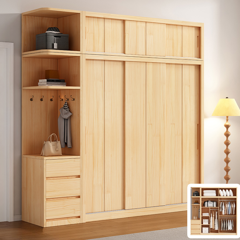 Wood Grain Modern Natural Wood Wardrobe Closet with 3-Drawer, Interior Shelves, and Clothing Rod