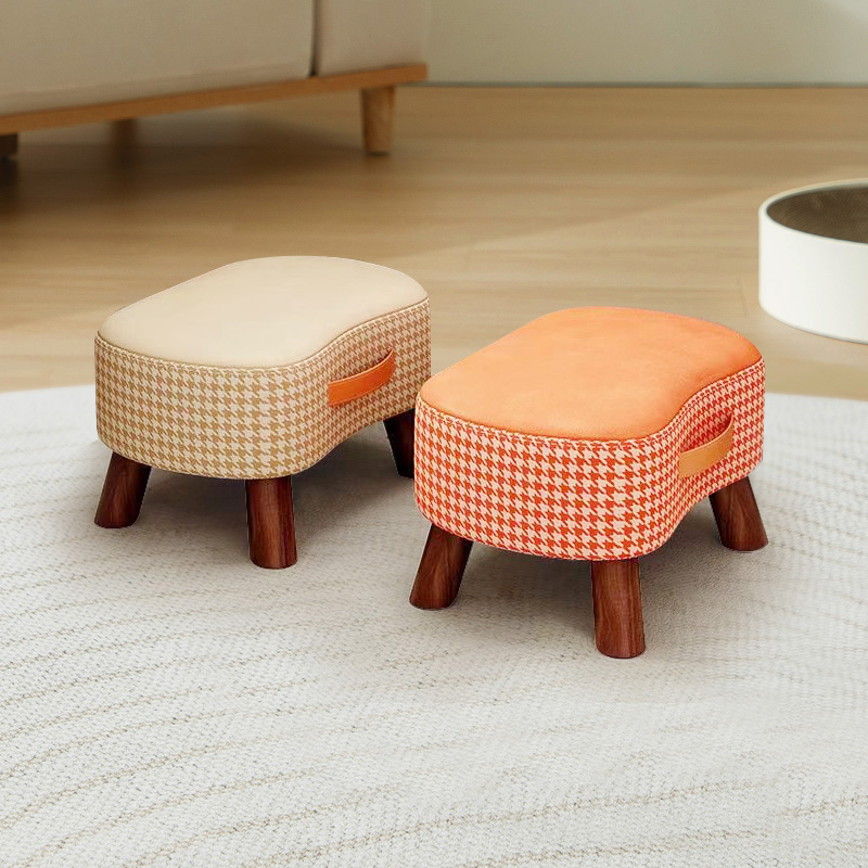 Dove Grey/Orange Simple Unique Houndstooth Footstool with Natural Wood Frame