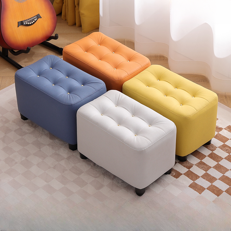 Navy Blue/Olive Green/Orange Simple Rectangular Solid Colour Footstool with Natural Wood Frame and Button-tufted Design