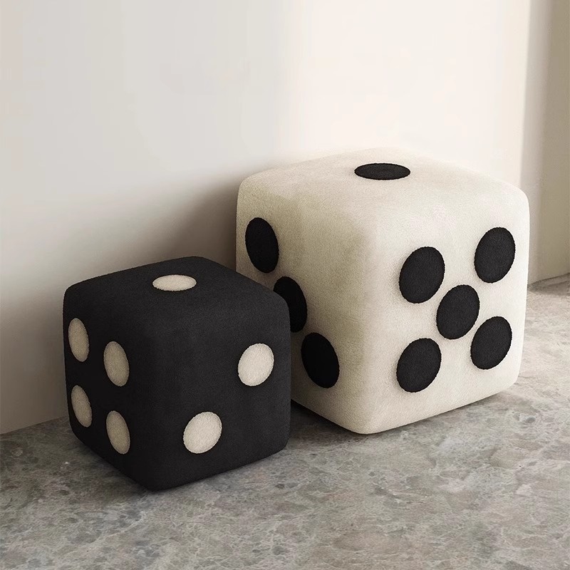 Simple Square Ottoman with Spot Pattern in Midnight Black Sherpa Upholstery