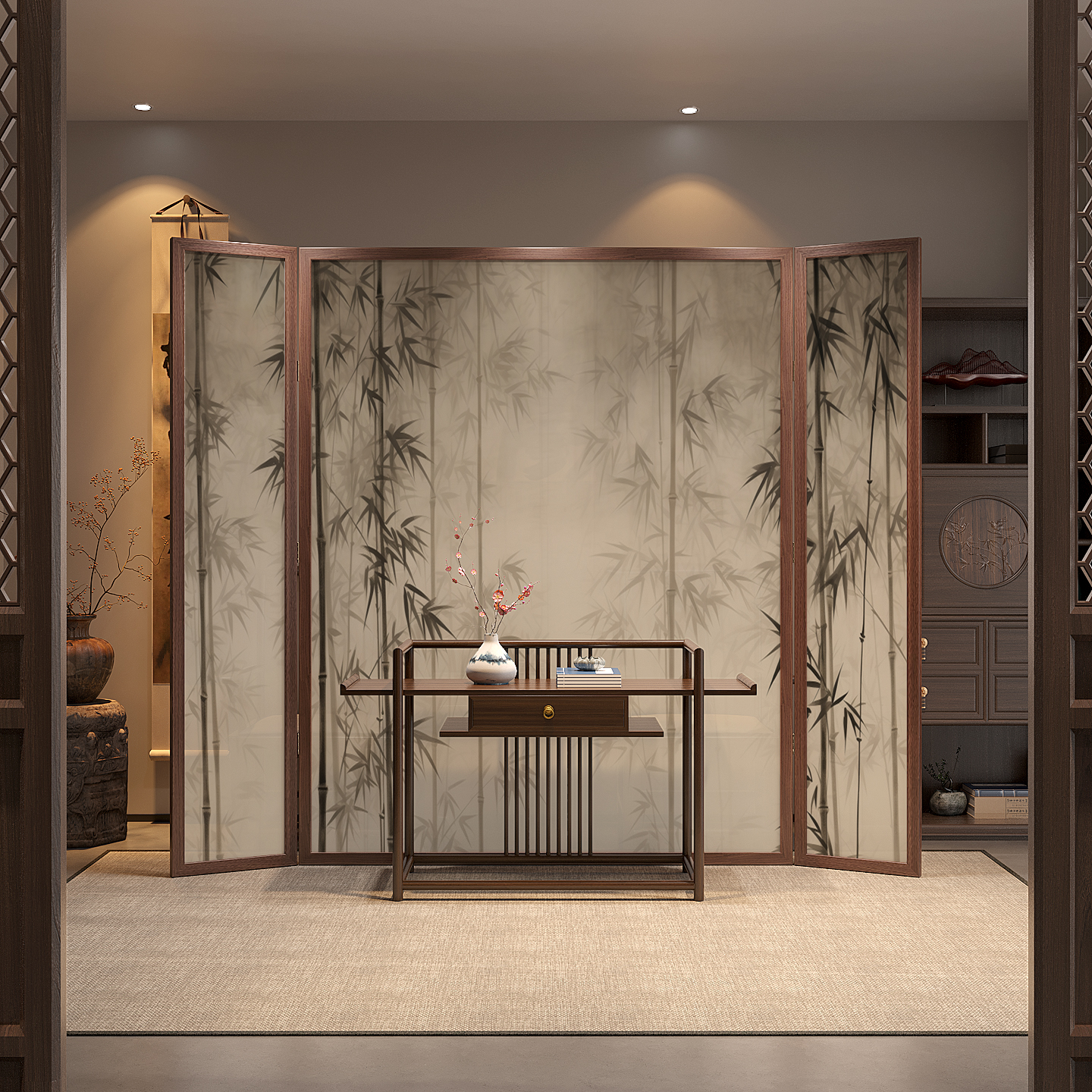 Tan Modern Translucent Pop Up Room Separator Wall with 3 Panels and Double Sided Print in Gauze