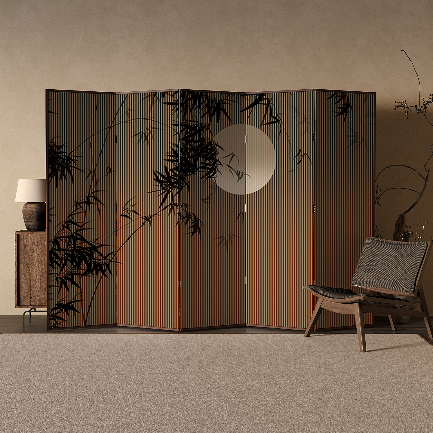 Auburn Modern Opaque Pop Up Walnut Wood Frame Room Separator Wall with 5 Panels/4 Panels and Double Sided Print