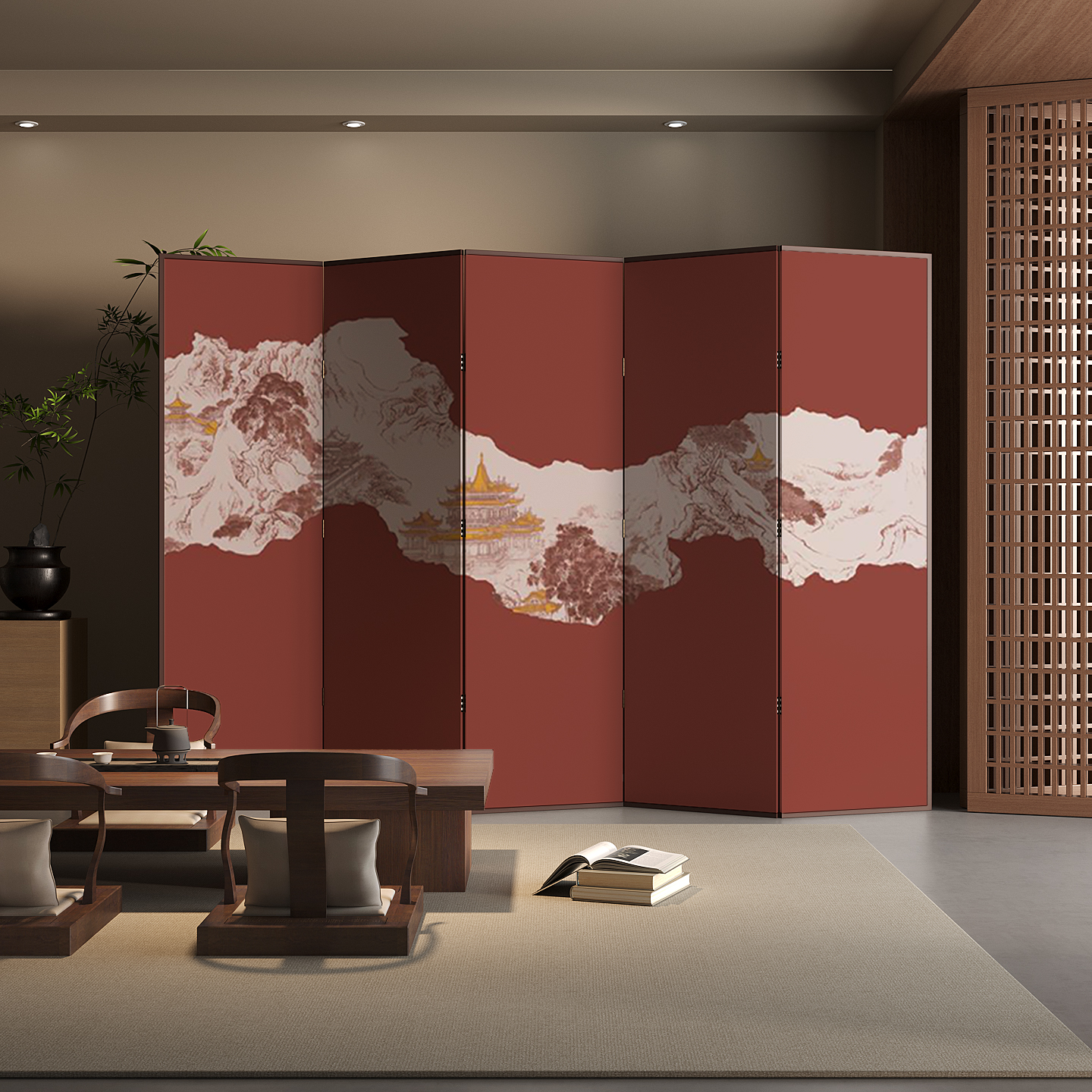 Contemporary Vermilion Opaque Double Sided Print Folding Room Divider Screen with Timber Frame