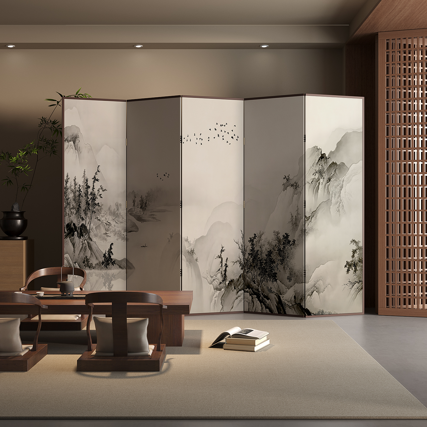 Multi-Colour Room Separator Wall in Modern Style with Opaque Pop Up Design, Walnut Wood Frame, and Double Sided Print