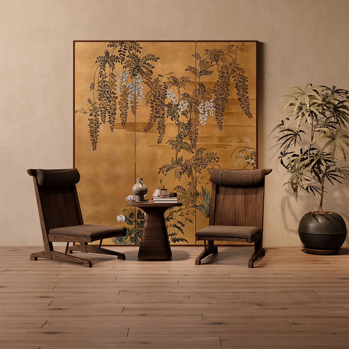 Tan Modern Opaque Pop Up Room Separator Wall with Pine Wood Frame and 4/2/3 Panels Double Sided Print