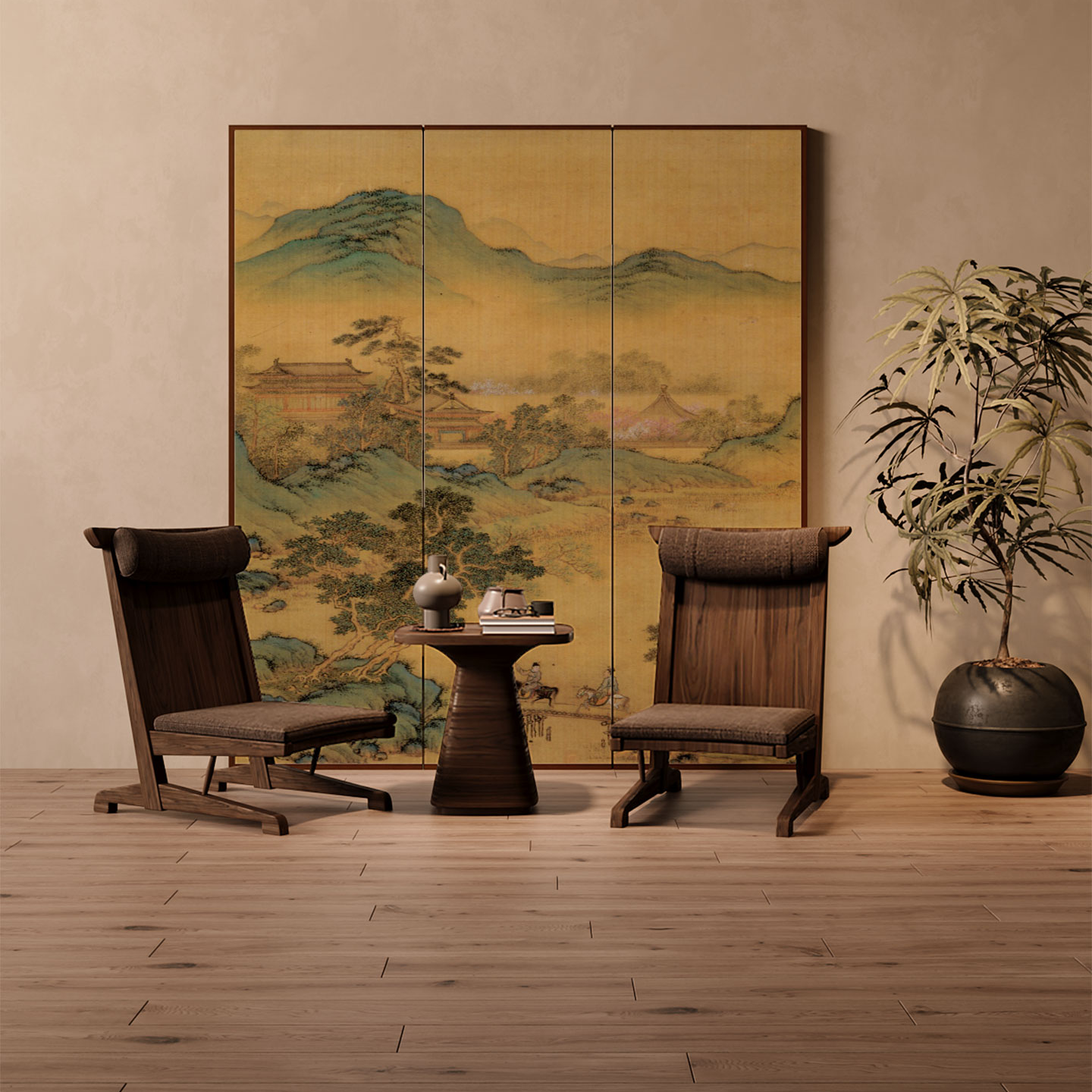 Rustic Brown Modern Opaque Pop Up Room Separator Wall with Pine Wood Frame and 4/2/3 Panels Double Sided Print