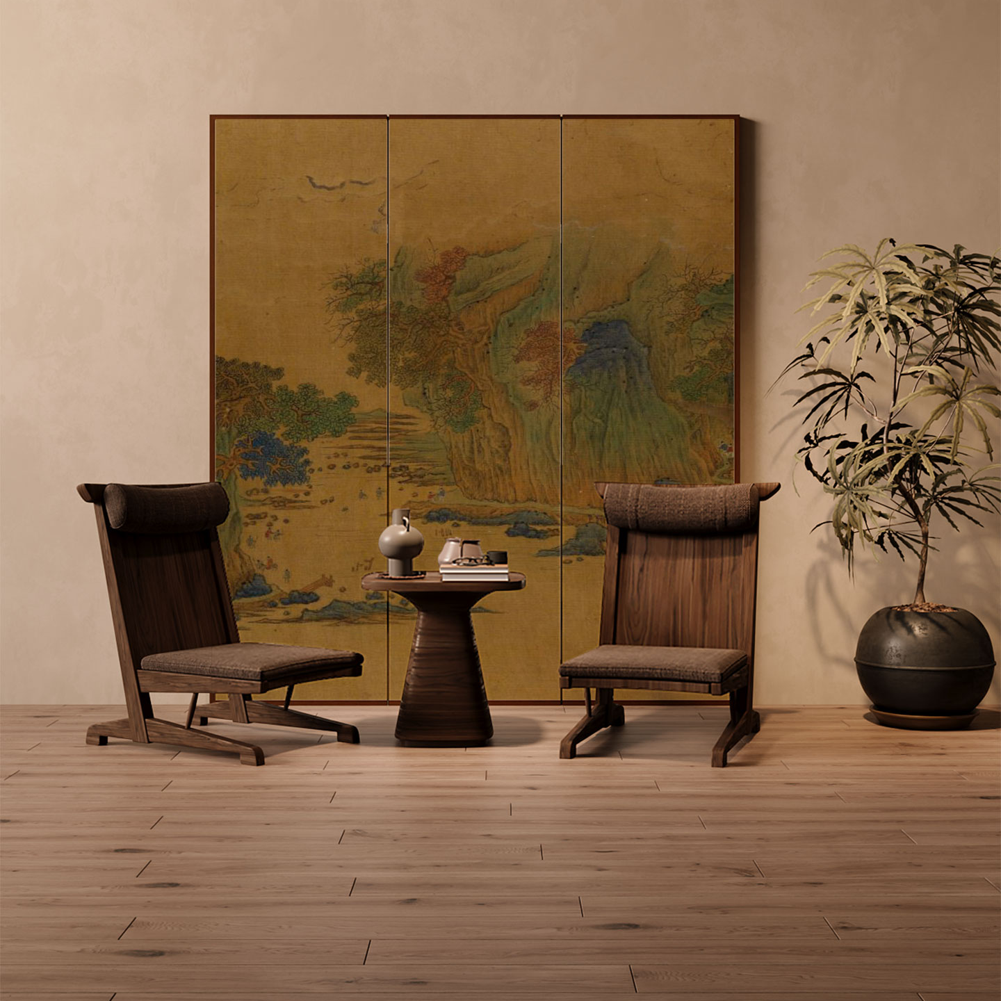 Rustic Brown Modern Opaque Pop Up Room Separator Wall with Pine Wood Frame, 4 Panels/3 Panels, and Double Sided Print