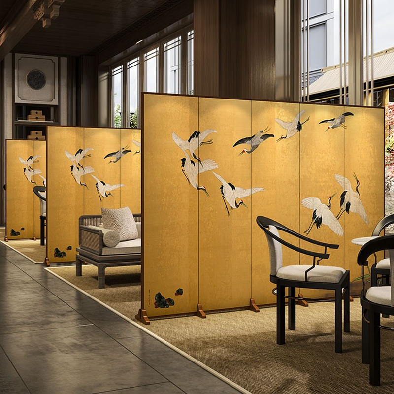 Modern Indoor Opaque Pop Up Room Separator Wall with Natural Wood Frame, 5 Panels, and Double Sided Print