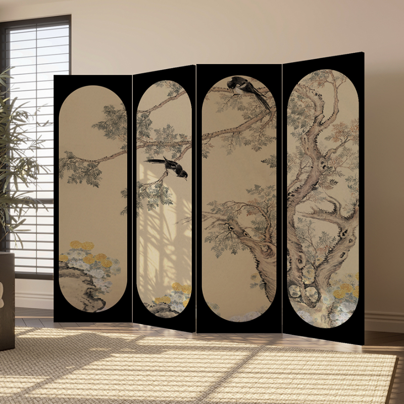 Charcoal Modern Opaque Pop Up Room Separator Wall with Natural Wood Frame and 4 Panels, Double Sided Print