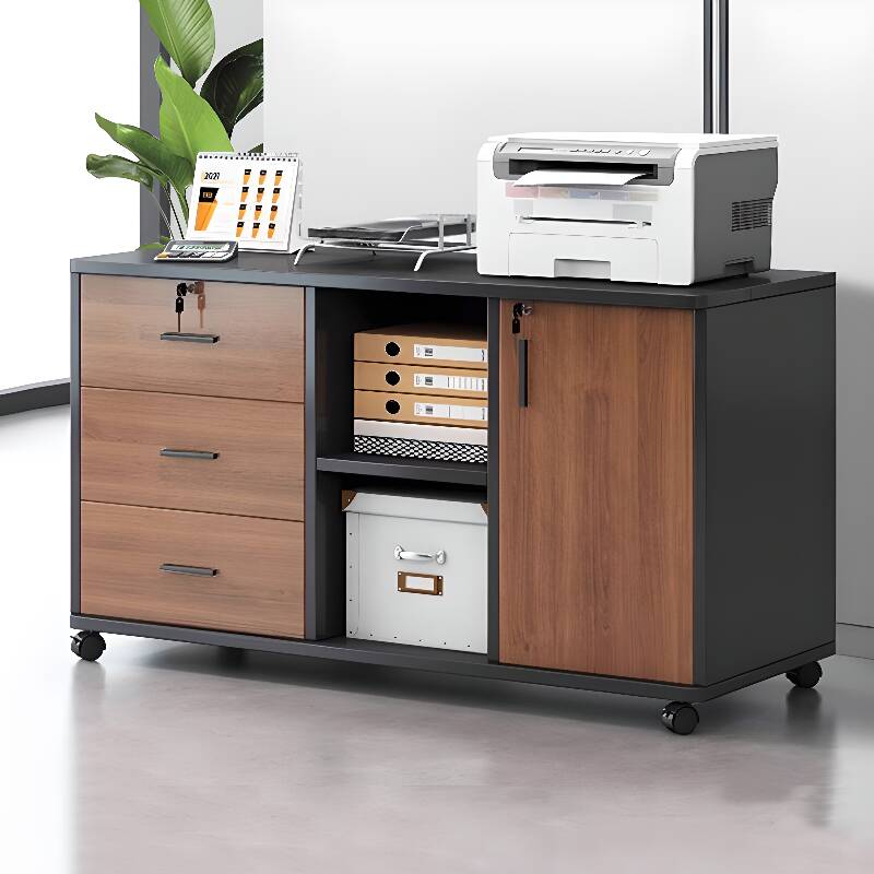 Modish Manufactured Wood Base Cabinet with Wheels, Shelves, Drawers, and Locking Door in 2-Wide/3-Wide Compartments