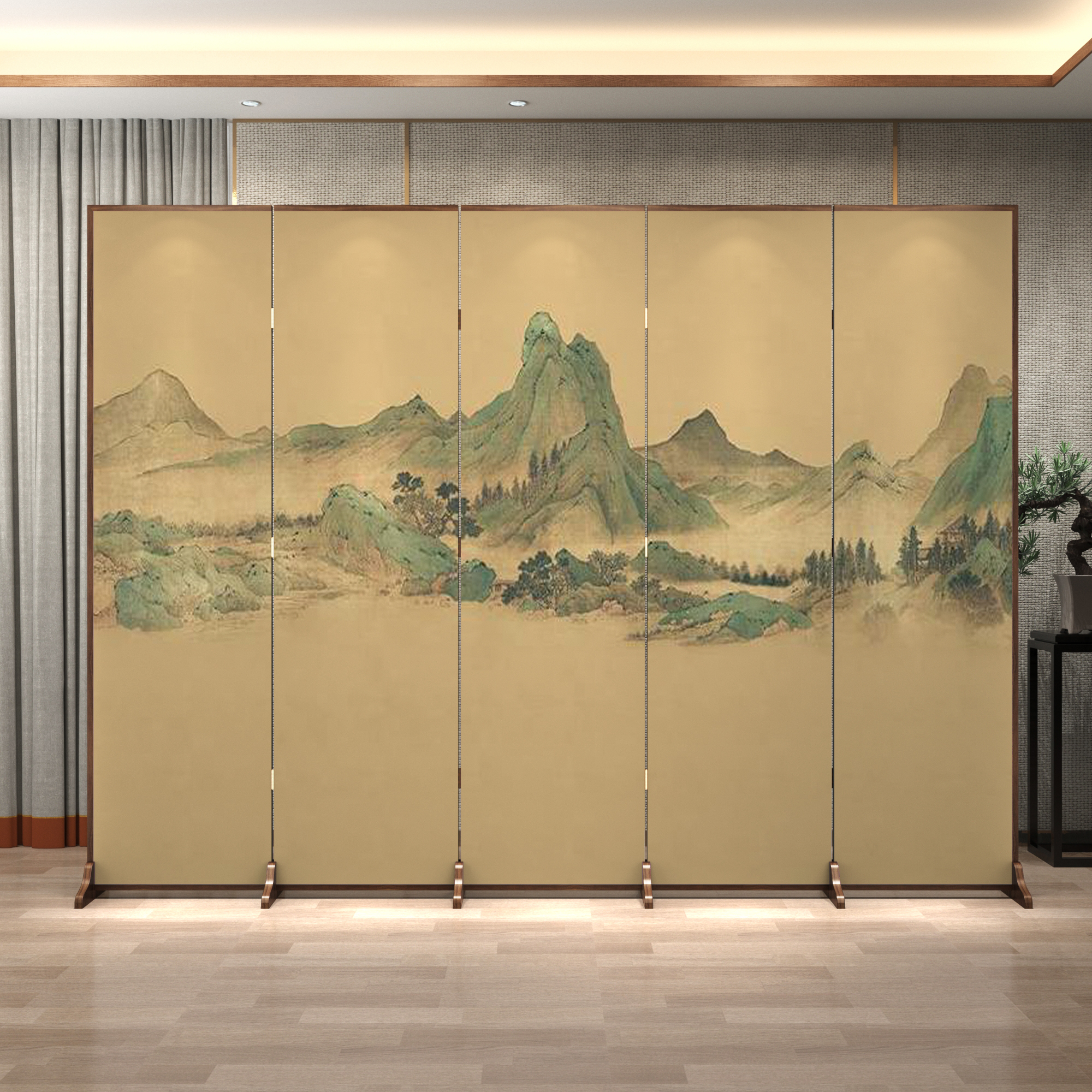 Light Yellow Modern Opaque Pop Up Room Separator Wall with Walnut Wood Frame and 1 Panel Double Sided Print