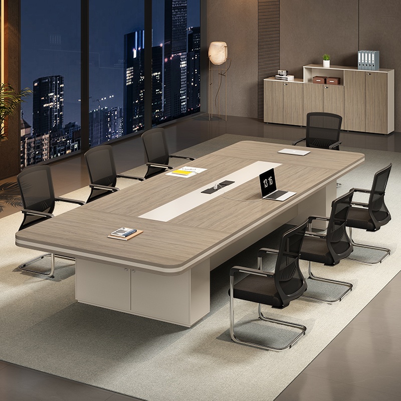 Off-white Modern Simple Style Rectangle Table with USB Port, Power Outlet, and Cable Management for 12+ Seats in Engineered Wood