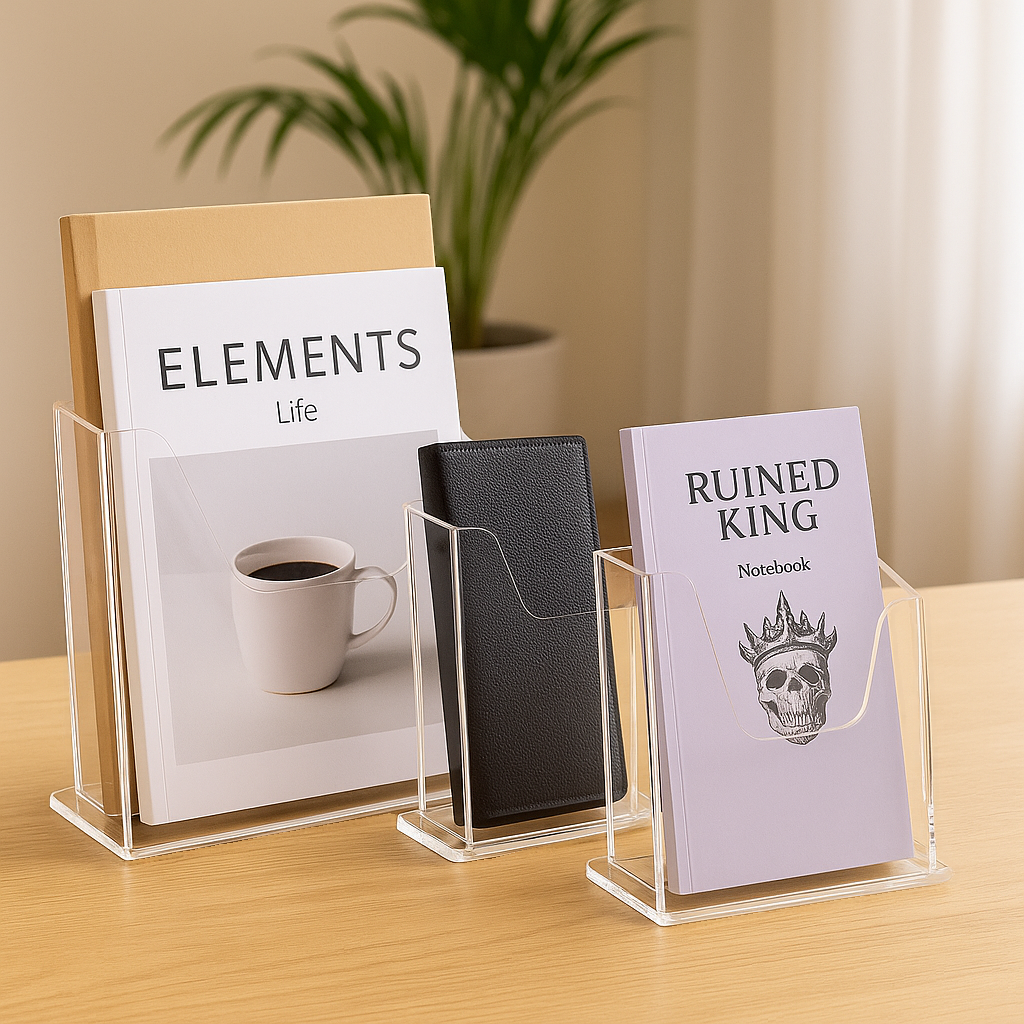 Transparent Art Deco Magazine Holder in Plastic & Acrylic, Length Up To 7 in/7 To 11 in, Height 7 To 9.9 in/4 To 6.9 in, Independent with Divider