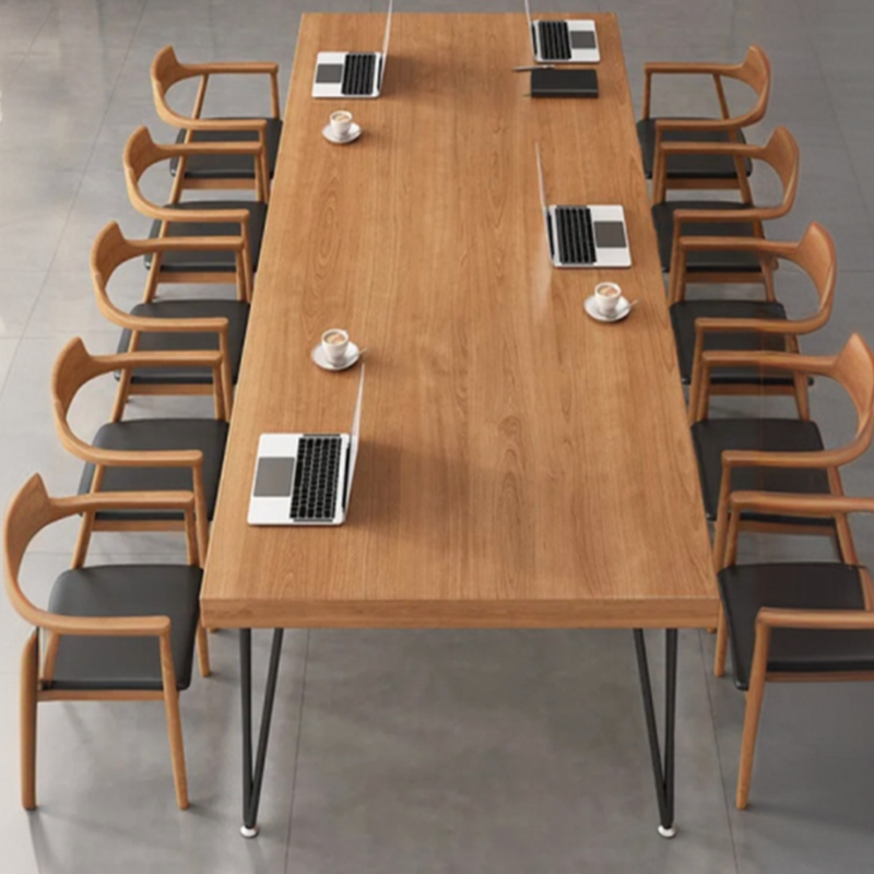 Light Natural Brown Art Deco Conference Room Table, Heat Resistant Rectangular Top for 10, Genuine Wood Tabletop