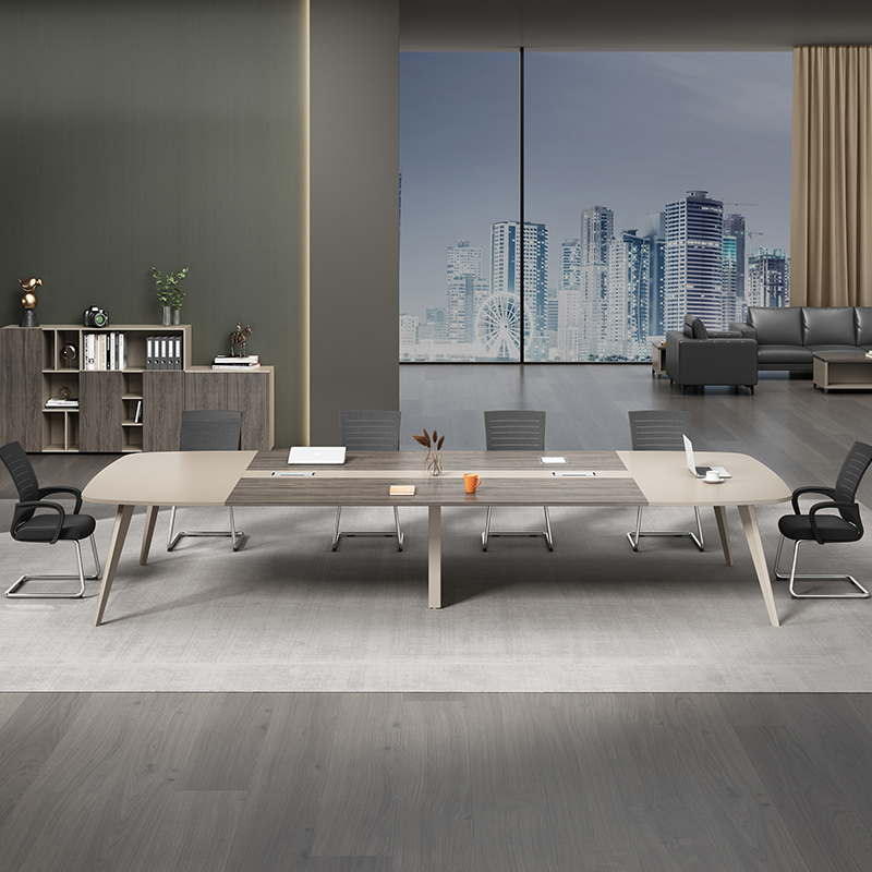 Light Gray Casual Conference Table, Warp-free, Boat Shaped, Seats 12+, Manufactured Wood