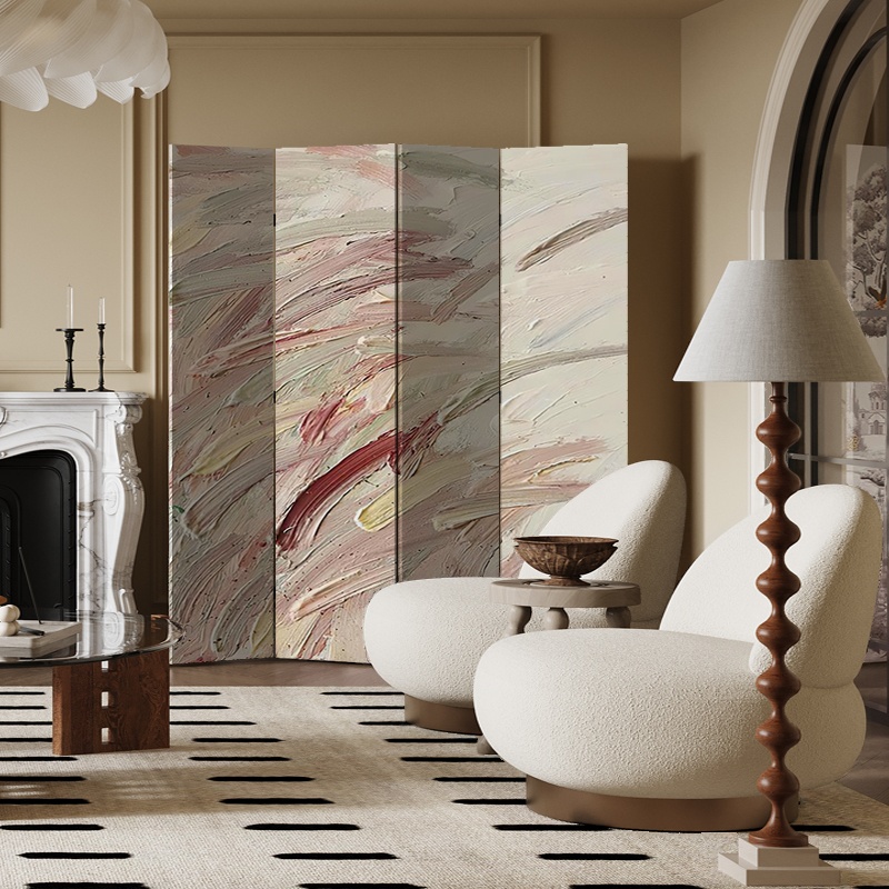 Multicolor Art Deco Opaque Compact Screen Divider with Natural Wood Frame and 8 Panels/7 Panels/3 Panels, Double Sided Print