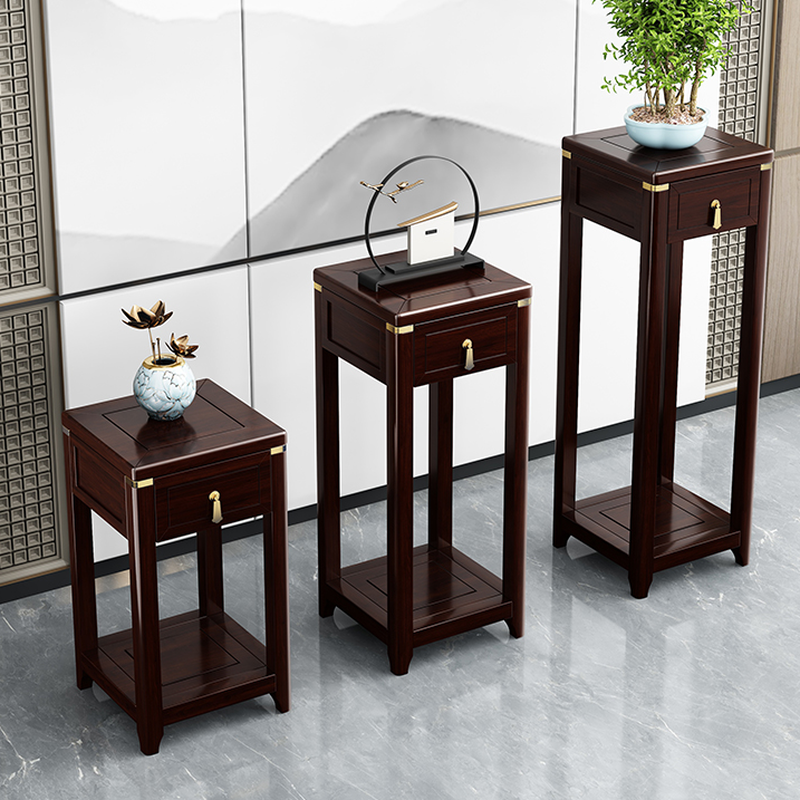 Square Rubberwood Plant Stand Side Table with Drawer