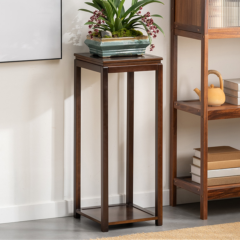 Sepia 2 Tiers Square Plant Stand Side Table with Natural Wood Top, 1 Piece Set, 2 Shelves, and Legs Base