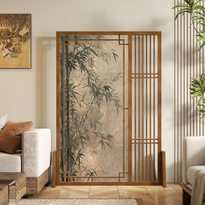 Tan Art Deco Opaque Single Panel Screen Divider with 1 Panel, Double Sided Print, and Gauze Material