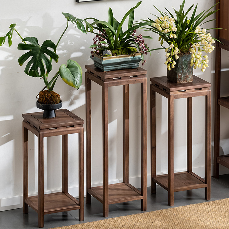 1 Piece Set Sepia 2 Tiers Square/Rectangle Wood Plant Side Table with 2 Shelves and Legs