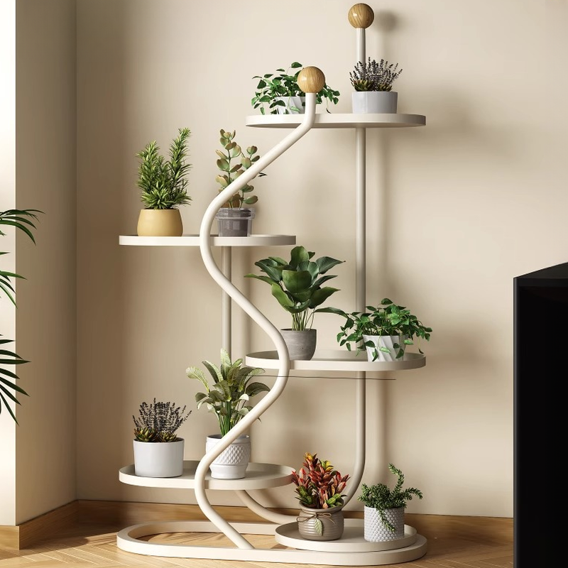 5 Tiers Oval Plant Stand with Steel Top, 1 Piece Set, 5 Shelves, and Frame Base