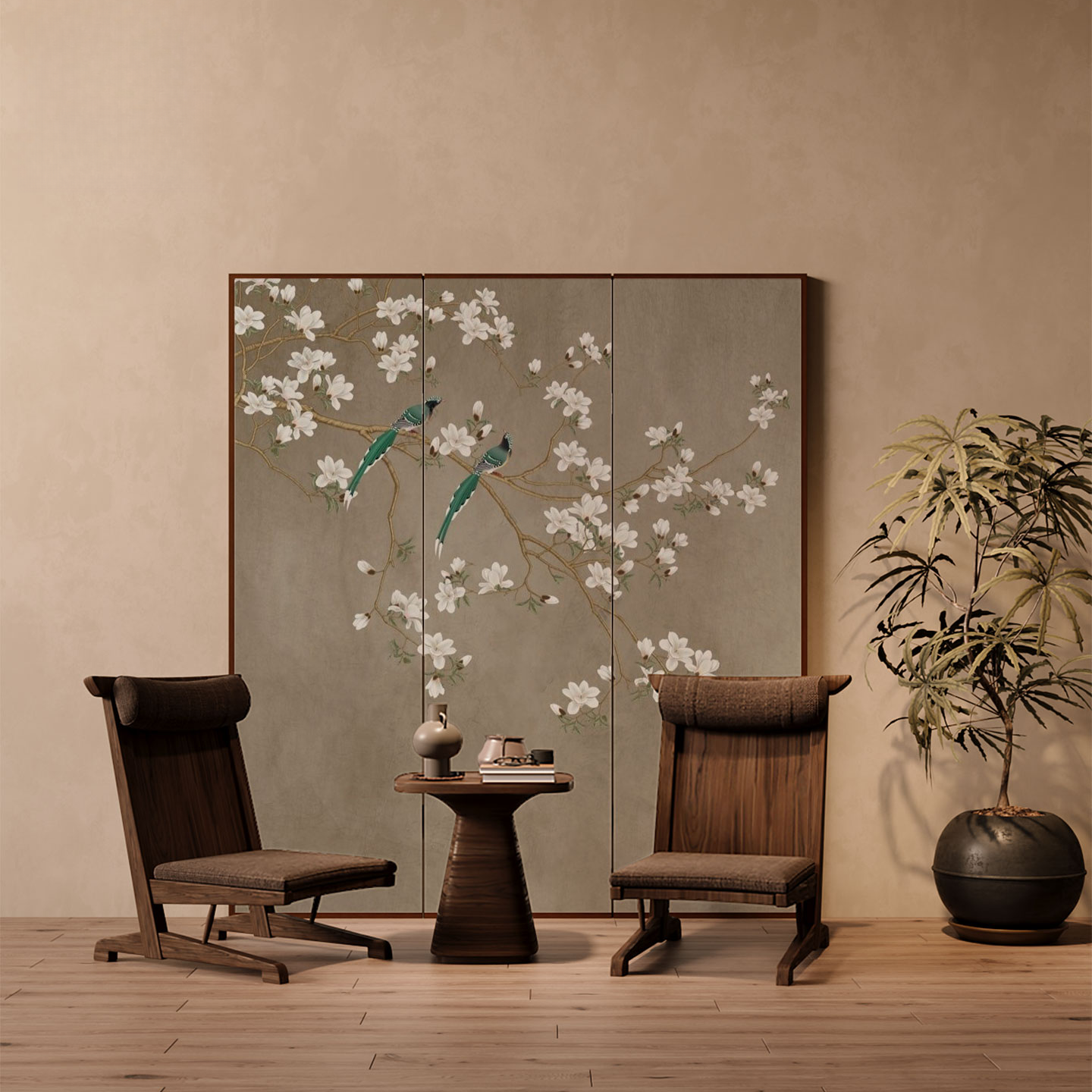 Screen Divider in Multicolour Art Deco Style with Opaque Light Filtration, Compact Pine Wood Frame, Available in 4 Panels/3 Panels/2 Panels, Double Sided Print