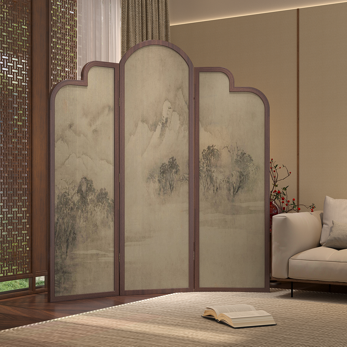 Oatmeal Indoor Translucent Folding Room Divider Wall with Double Sided Print and Gauze Screen Material