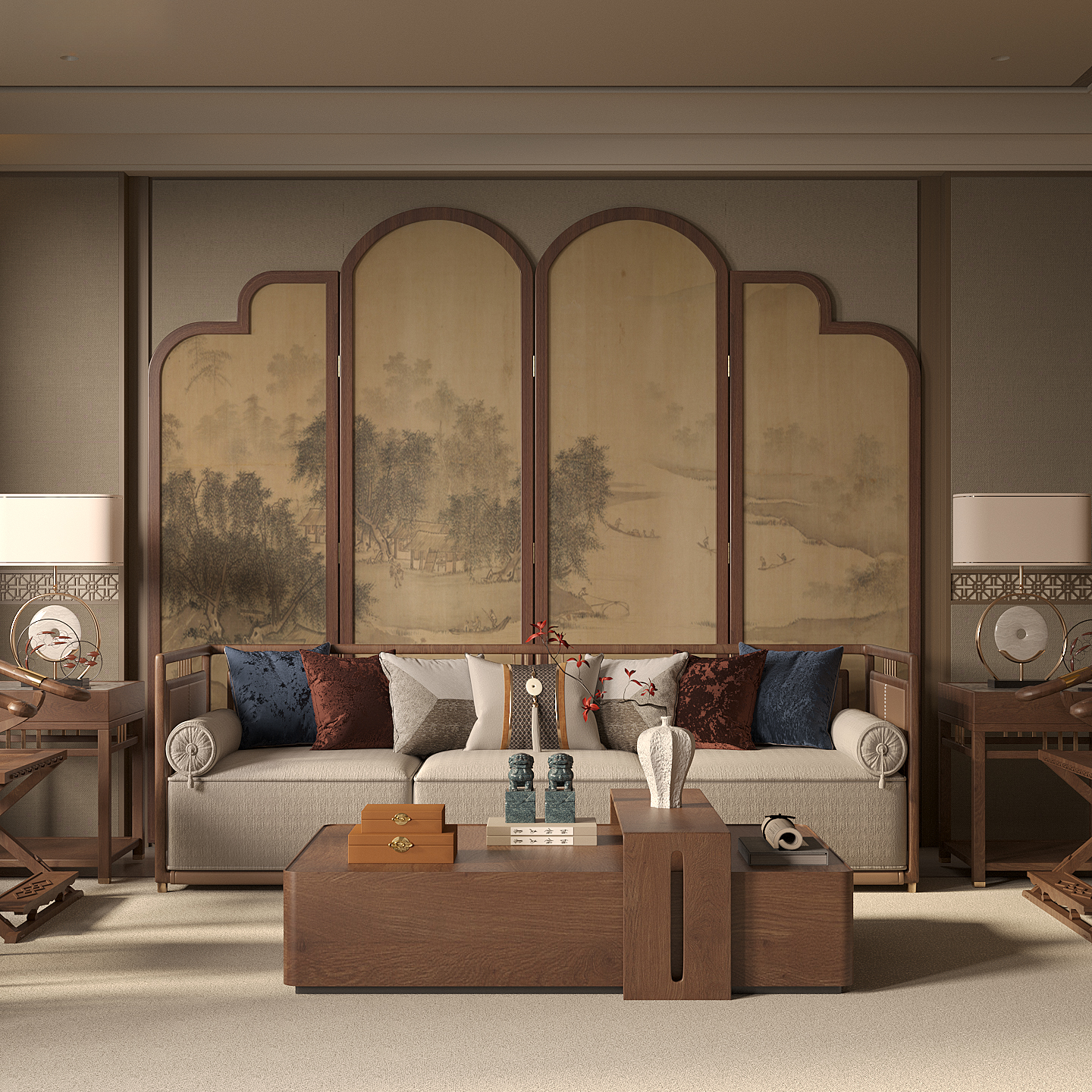 Oatmeal Art Deco Opaque Compact Pine Wood Screen Divider with Double Sided Print