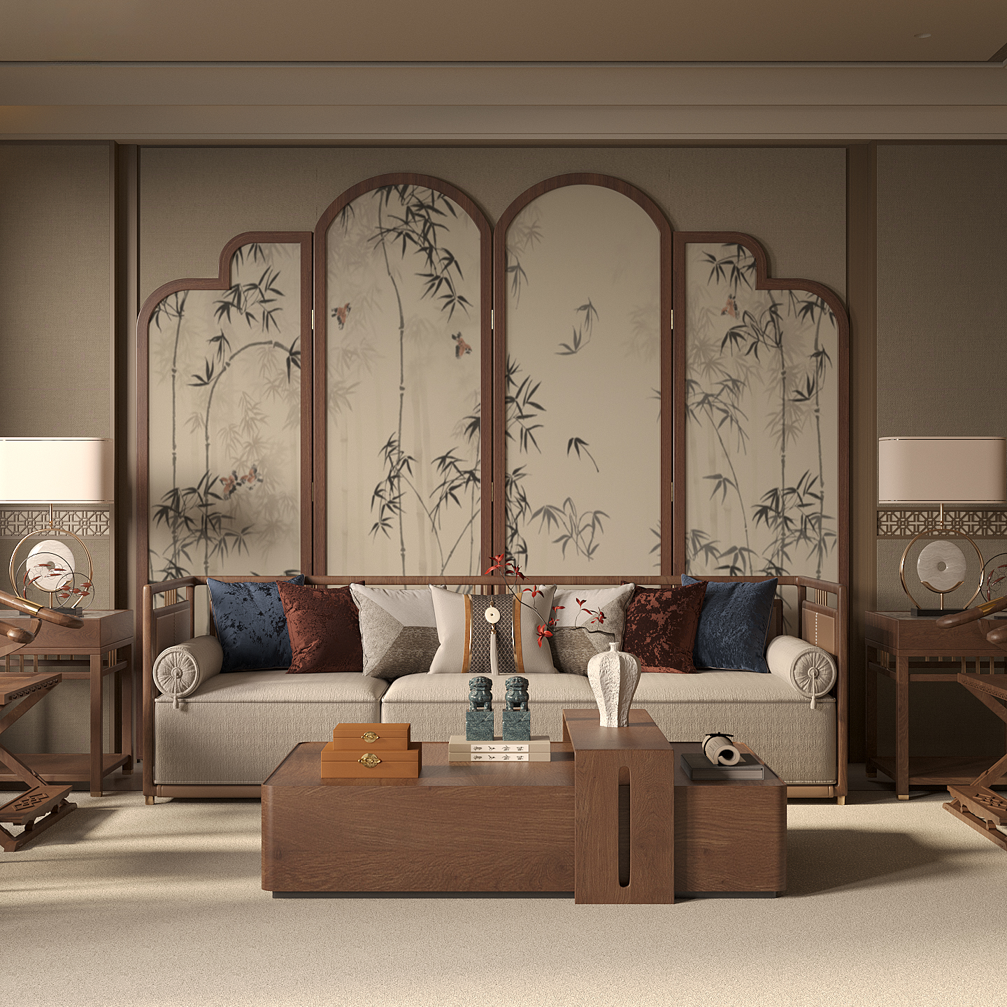 Cocoa Art Deco Opaque Compact Pine Wood Screen Divider with Double Sided Print