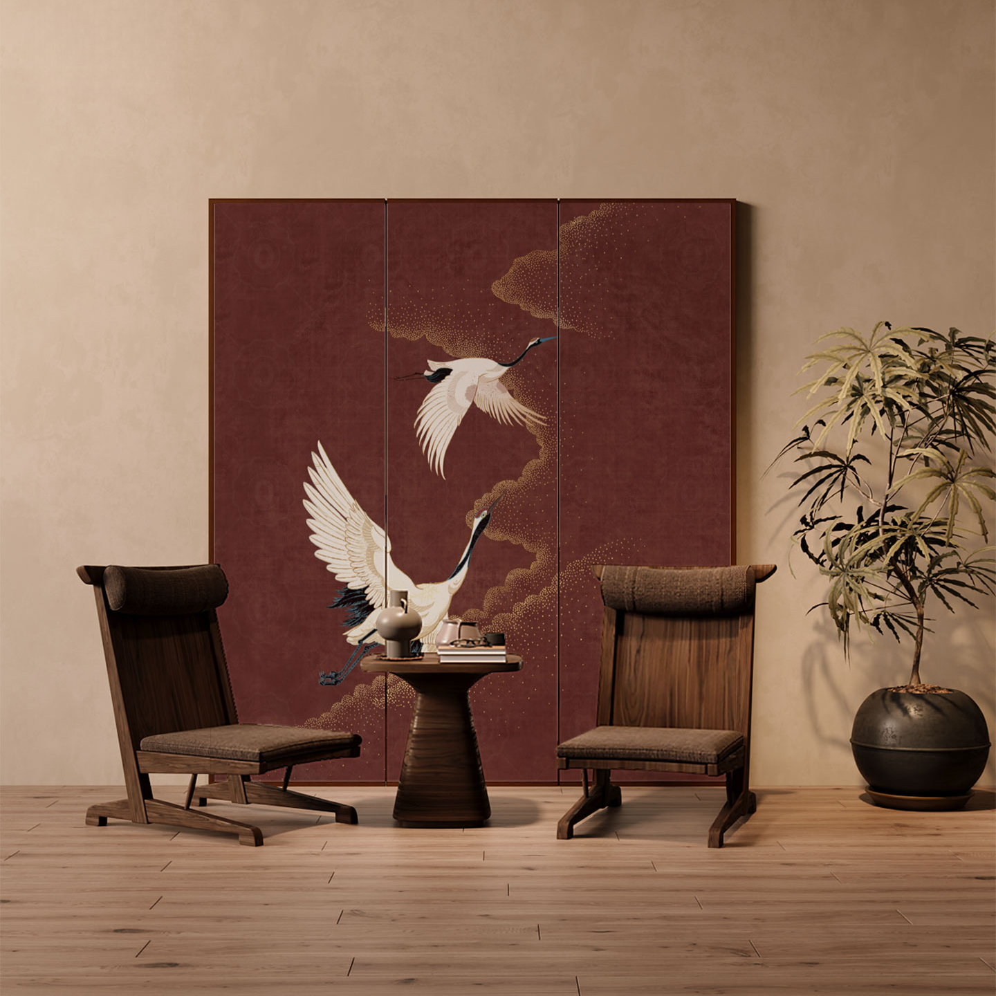 Red Wood Indoor Opaque Folding Room Divider Wall with Pine Wood Frame and Double Sided Print, Available in 4 Panels/3 Panels/2 Panels