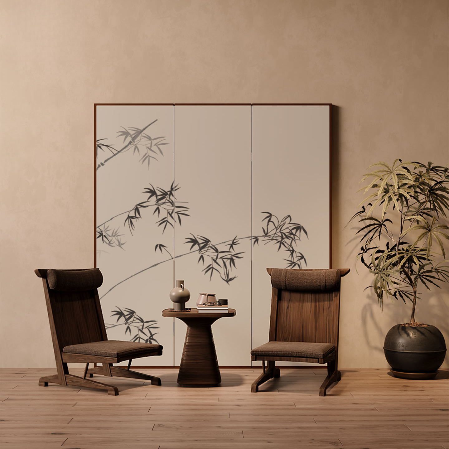 White Art Deco Opaque Compact Pine Wood Screen Divider with Double Sided Print