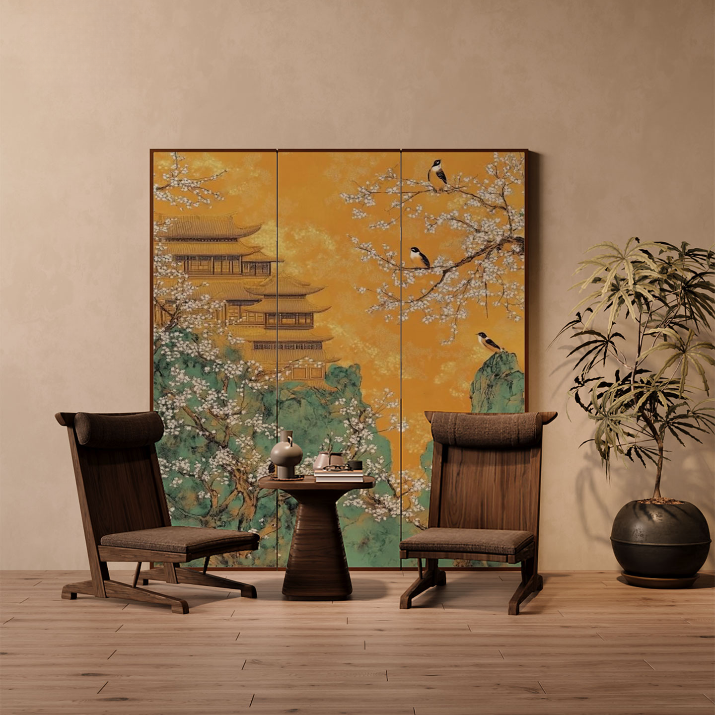 Multicolour Art Deco Opaque Compact Pine Wood Screen Divider with Double Sided Print