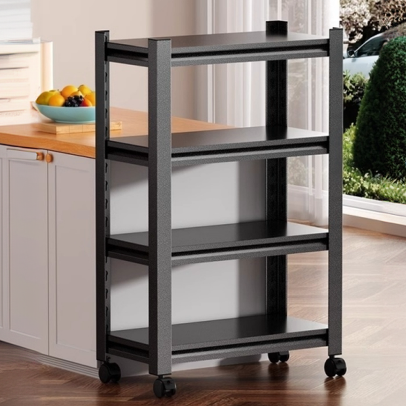 Freestanding Steel Frame Basket Shelf with Rollers and Shelves in a Modern Simple Style