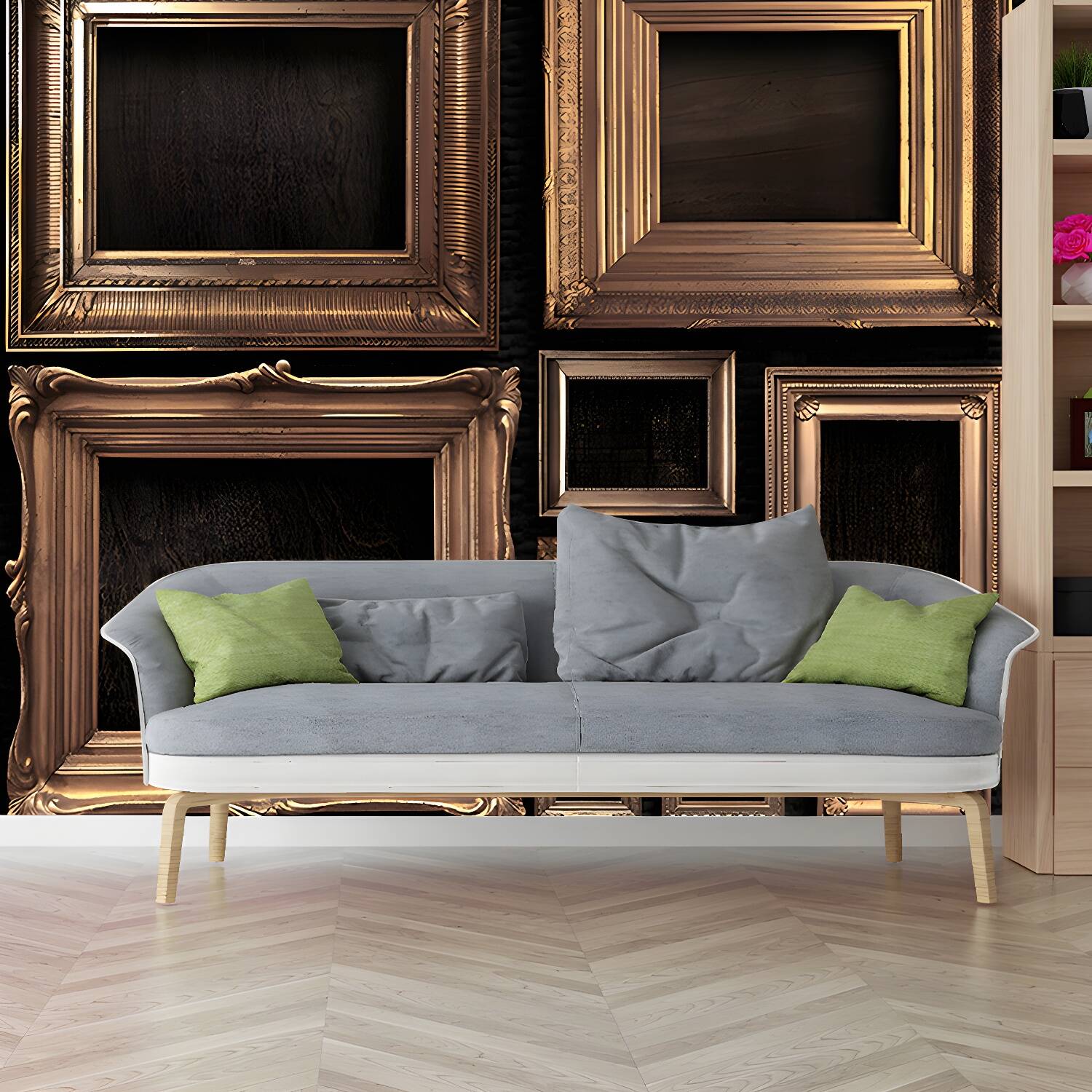 Retro Style Photo Frame Murals Wallpaper for Living Room Whole Wall Decor in Grey-Gold
