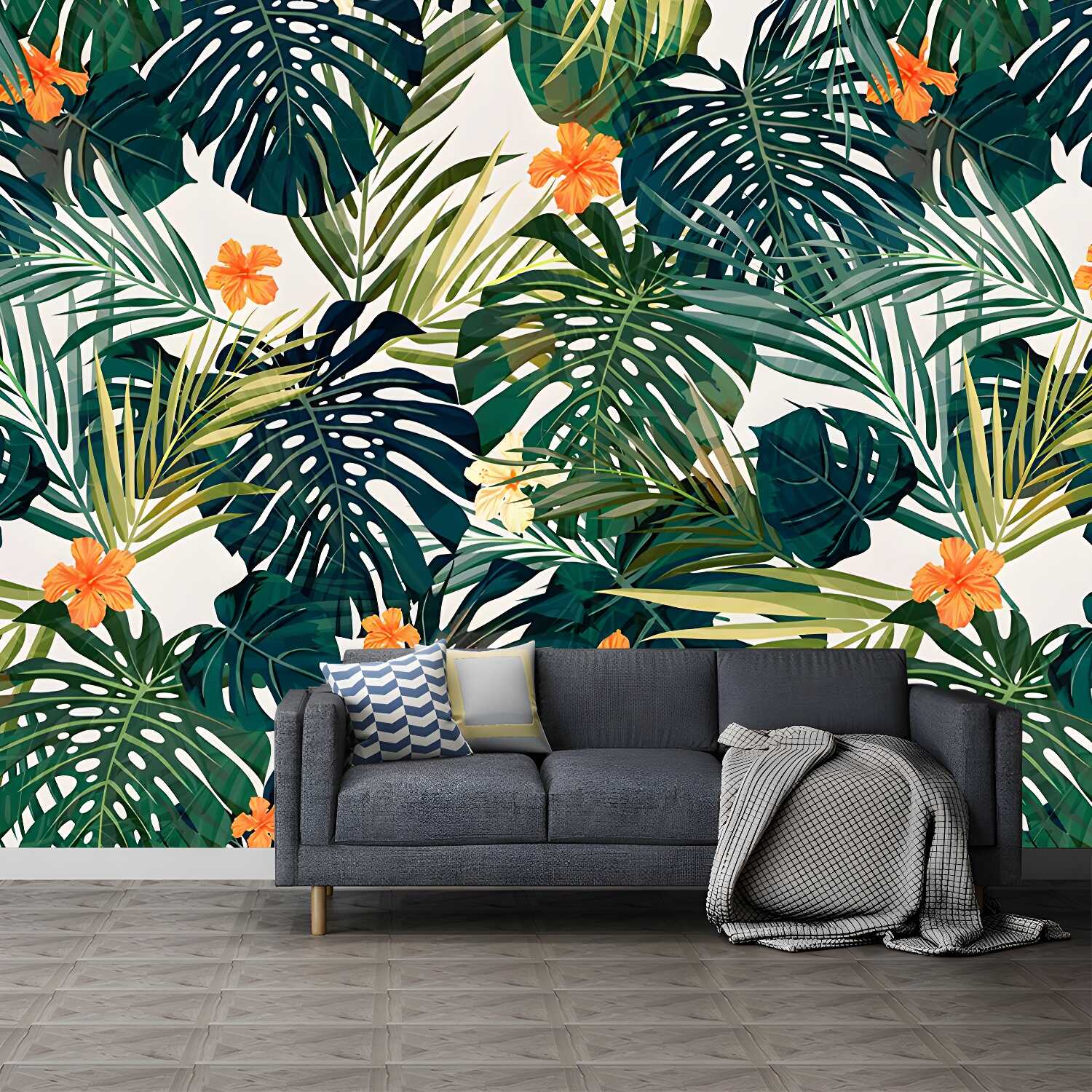 Tropics Leaf and Flower Mural Wallpaper for Living Room Personalized Wall Decor in Orange-Green