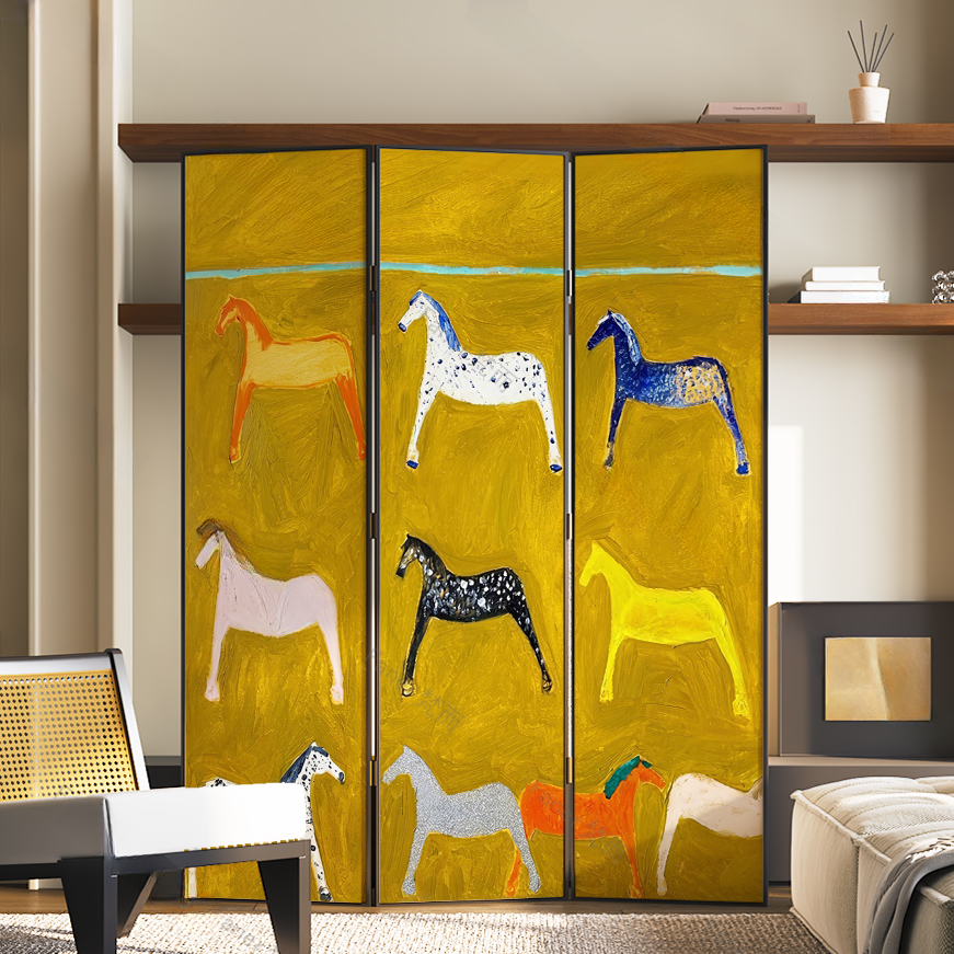 Lemon Colour Modern Opaque Pop Up Room Separator Wall with Natural Wood Frame and 3/4 Panels Double Sided Print