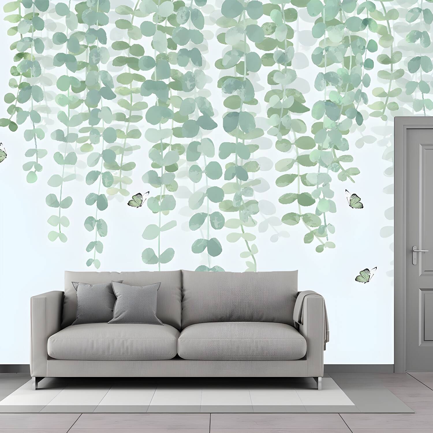 Modern Willow Branch Wall Mural Decal in Green and White Home Wall Decor, Full Size