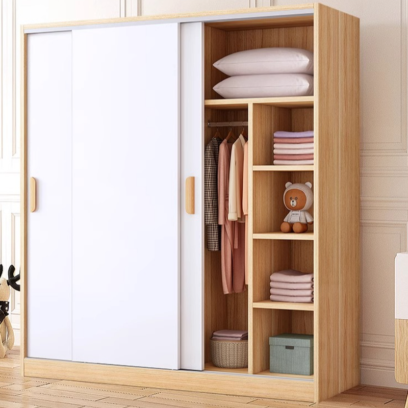 Modern Natural Wood Wardrobe Closet with Soft Close Door, Interior Shelves, and Clothing Rod