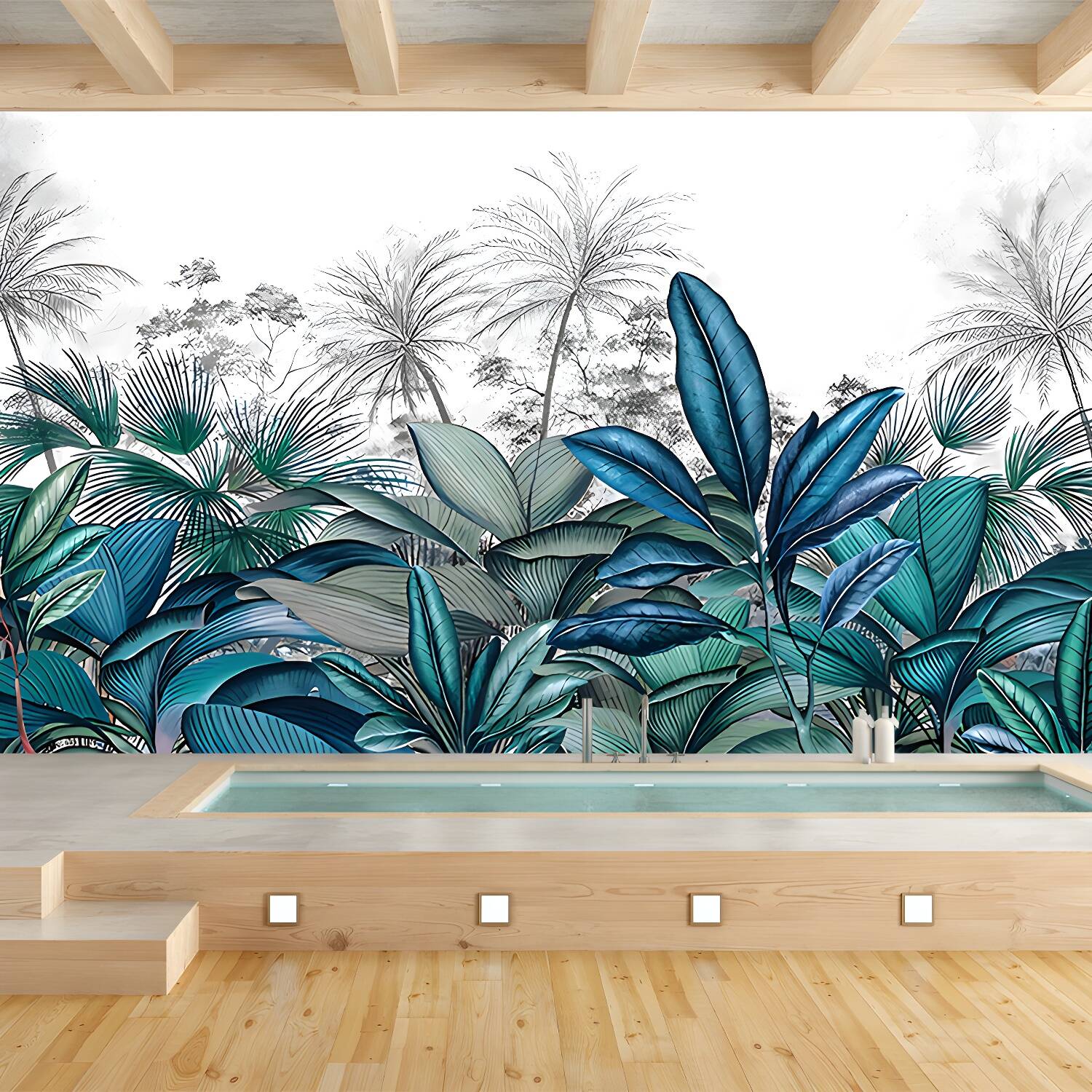 Tropical Plant Ginger Leaf Mural Decal Blue and White Water Resistant Wall Art for Bedroom