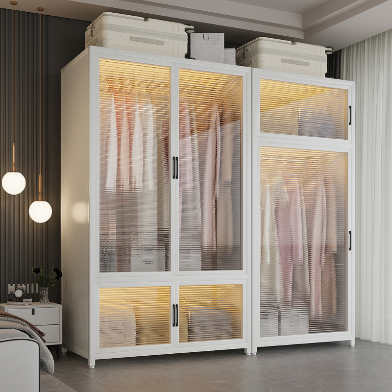 Chalk Modern Alloy Wardrobe Closet with Interior Shelves and Clothing Rod