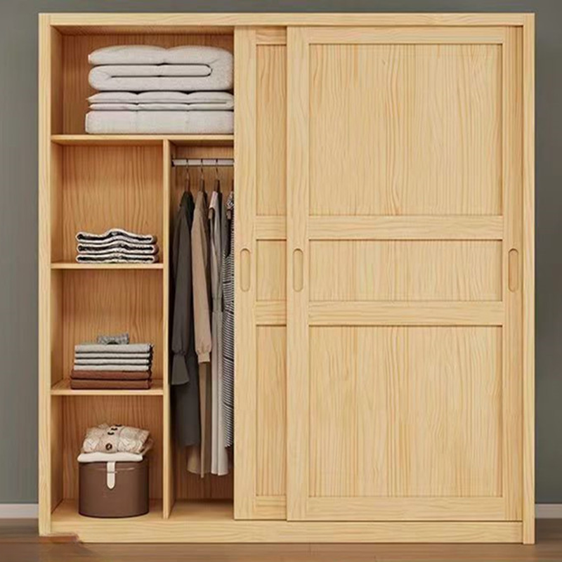 Wood Grain Modern Natural Wood Wardrobe Closet with Soft Close Door, Interior Shelves, and Clothing Rod