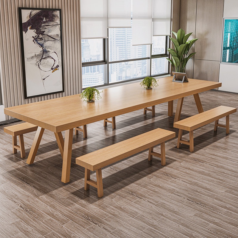 Natural Finish Minimalist Meeting Table with Twist-resistant Solid Wood Rectangle Top, Seating for 10
