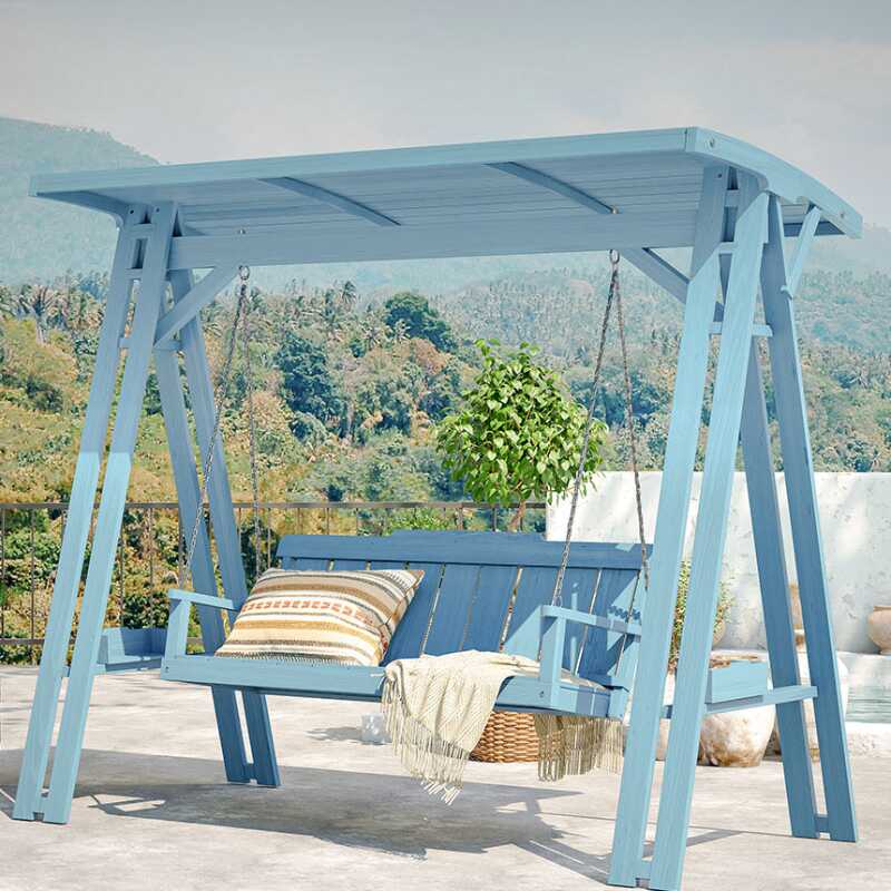 Light Blue/Natural Colour Porch Swing with Stand for 2, Corrosion Resistant Natural Wood with Chain, Canopy, and Stand