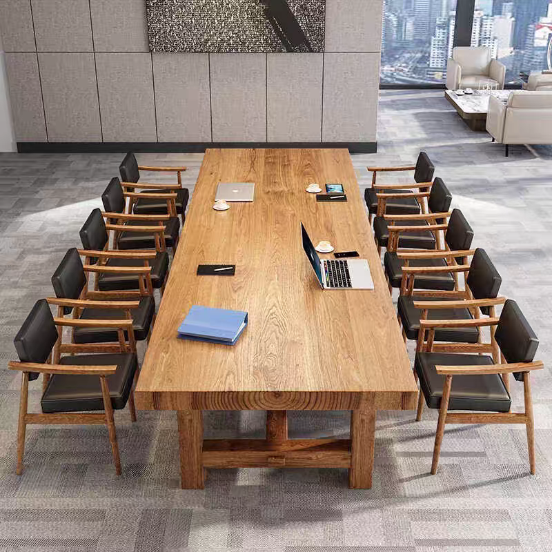 Light Natural Brown Minimalist Meeting Table, Waterproof Rectangle for Seating 10/6 People/Seats 8, Solid Wood