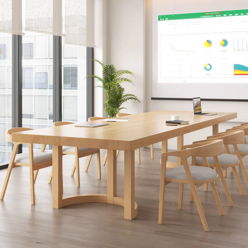 Natural Finish Art Deco Rectangle Meeting Table for Seats 8/6/4-person with Solid Wood Tabletop