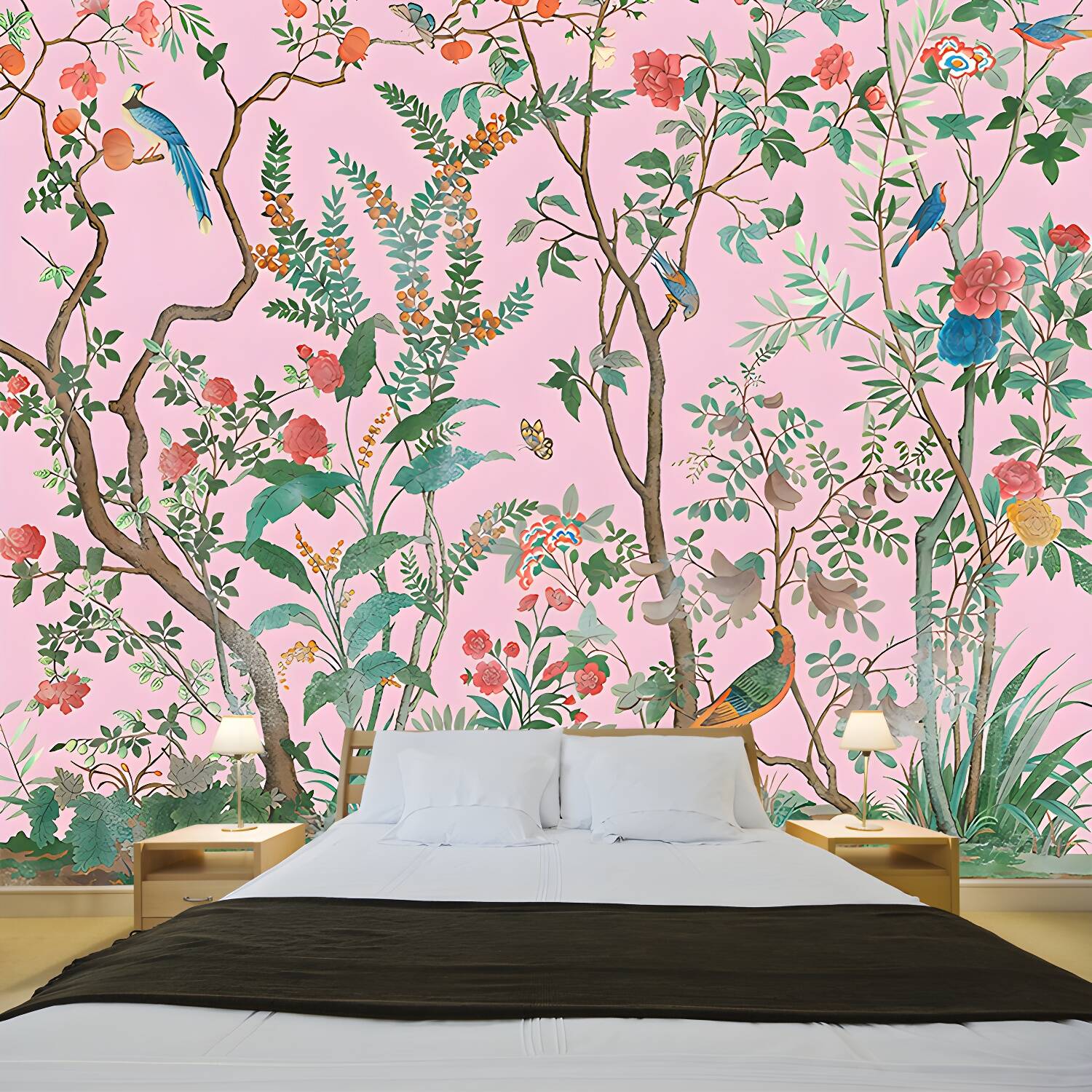 Personalized Illustration Stylish Murals with Bird and Flower Bushes Pattern in Soft Colour