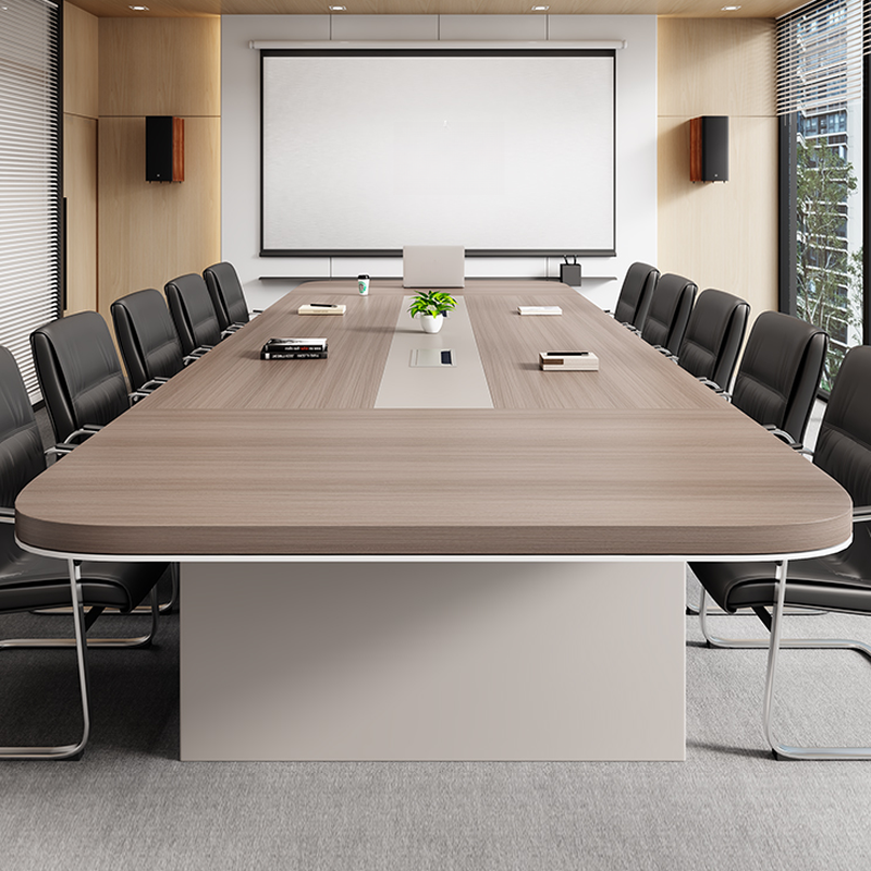 Light Natural Brown Art Deco Meeting Table, Stain Repellent Rectangle Top with Cable Management, Seats 12+ in Manufactured Wood