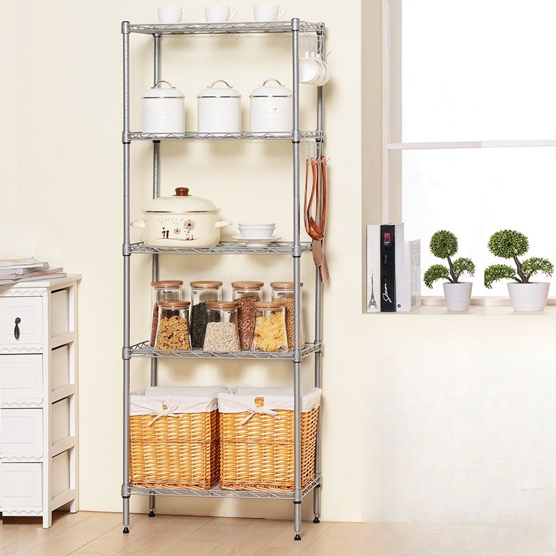 Modern Steel Tower Shelf with Adjustable Shelves, Hooks, and Independent Installation