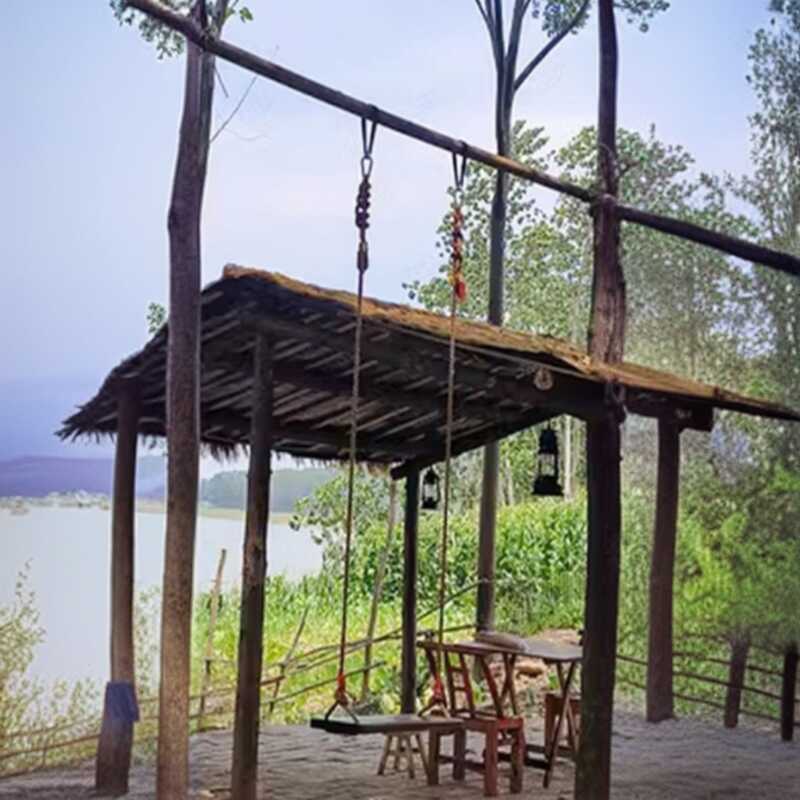 Metallic/Light Brown Solid Wood Hanging Porch Swing with Chain