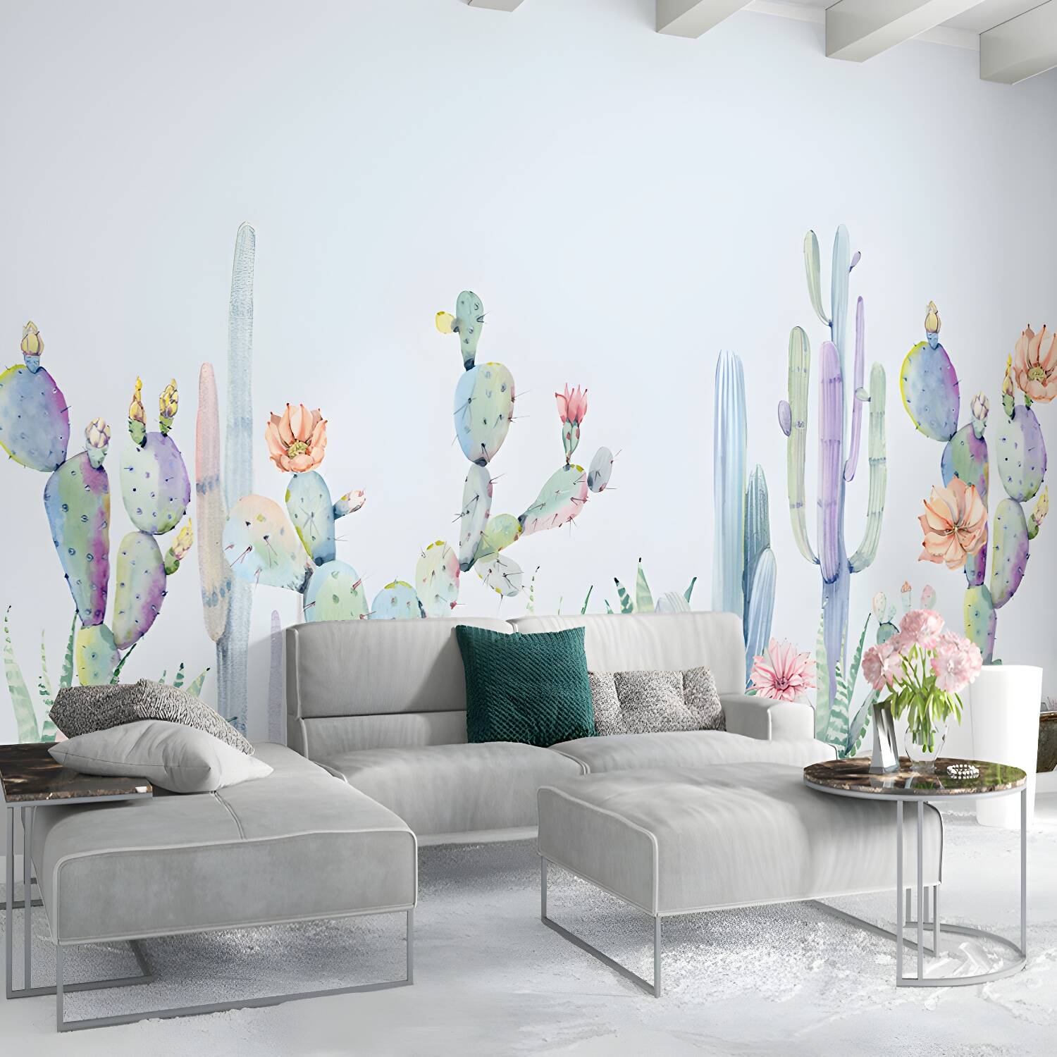 Light Green Cactus Mural Wallpaper Stain Resistant Tropix Living Room Wall Covering